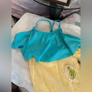 4 pieces Yellow Ruffled juicy couture skirt, bathing top, handmade earrings brac